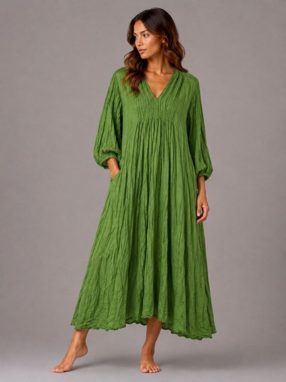 NEW Green Cotton Boho Maxi Dress – Oversized Relaxed Fit with Pockets Thailand
